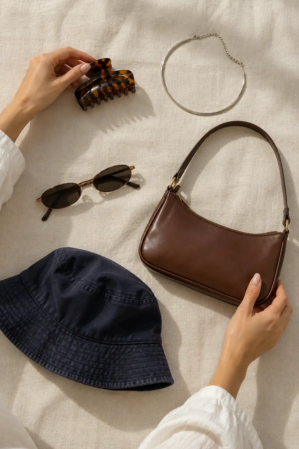 Flat lay of 90s accessories including a claw clip, choker, mini bag and bucket hat