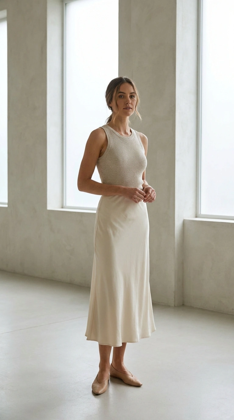 Oatmeal knit tank tucked into a cream bias-cut satin midi skirt
