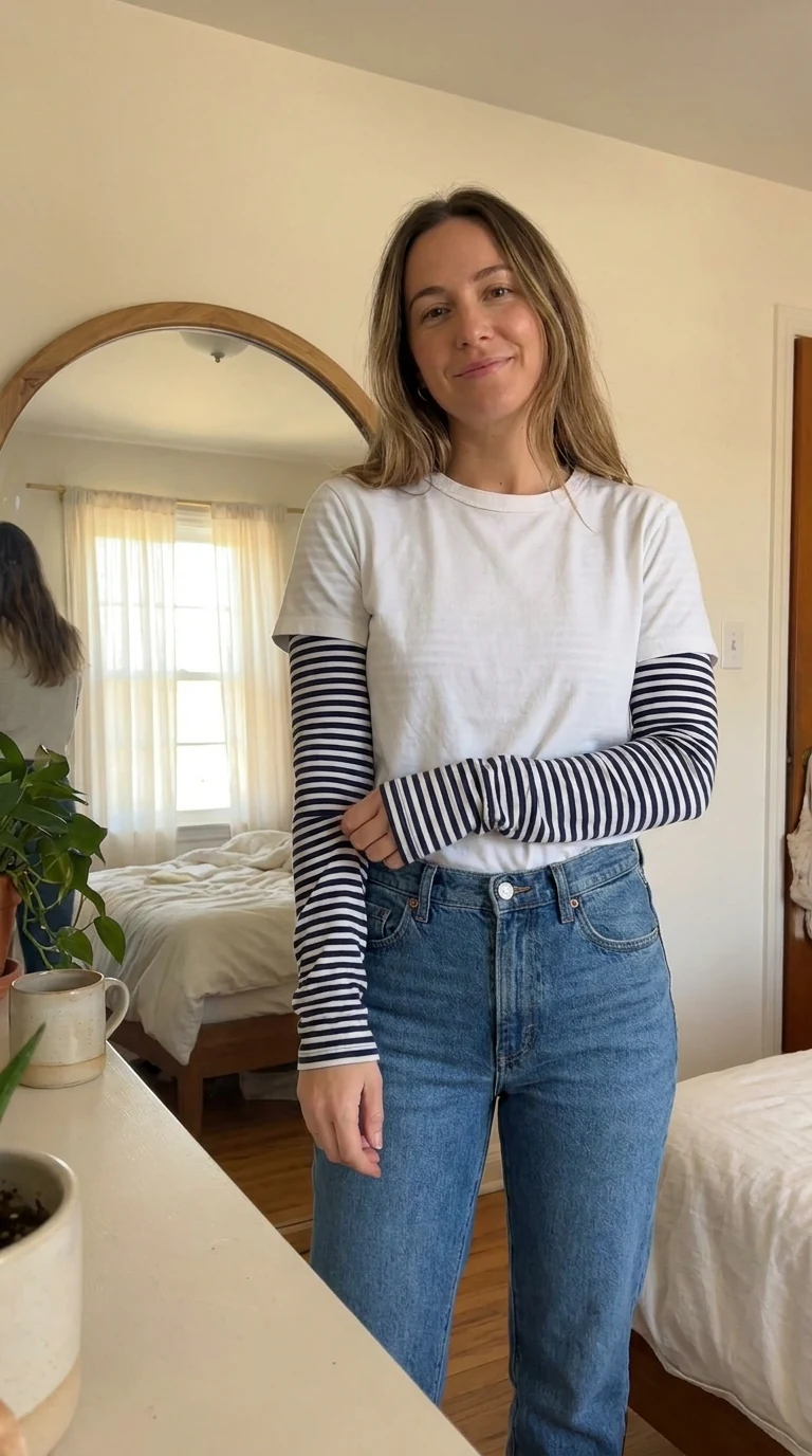 Striped long sleeve tee layered under a plain white short sleeve tee